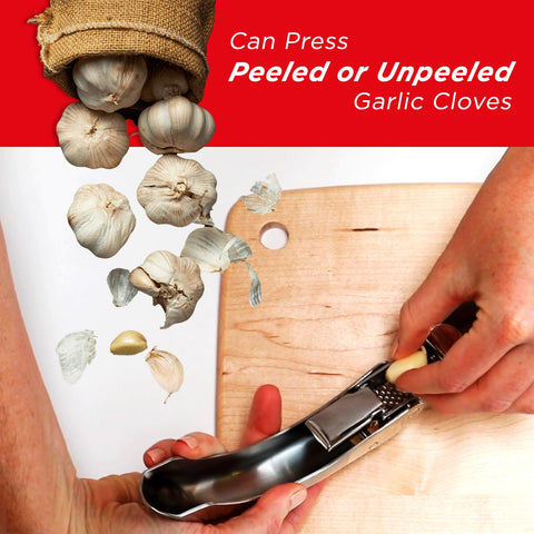 Extra-large hopper accepts peeled or unpeeled garlic cloves in Kuhn Rikon Epicurean