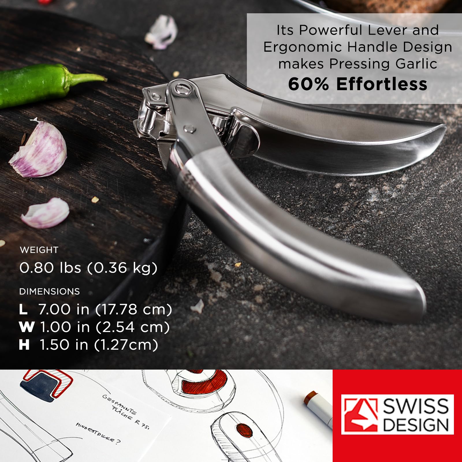 Pull-out sieve on Kuhn Rikon Epicurean garlic press for quick cleaning