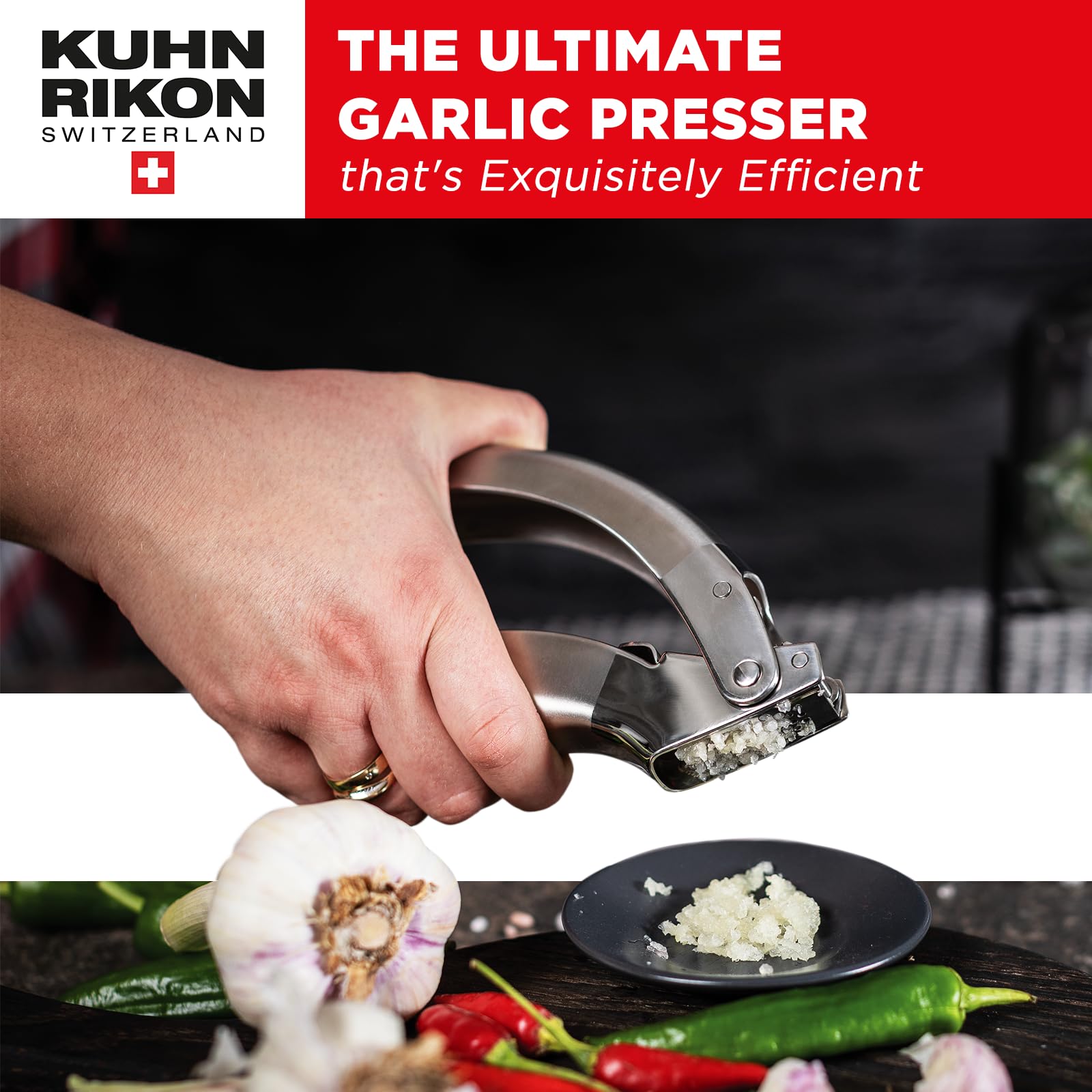 Kuhn Rikon Epicurean garlic press stainless steel body withstands daily use