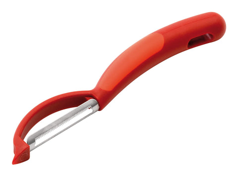 Piranha peeler held for an ergonomic grip during peeling