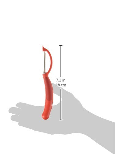 Red-handled Kuhn Rikon Piranha peeler shows ergonomic design