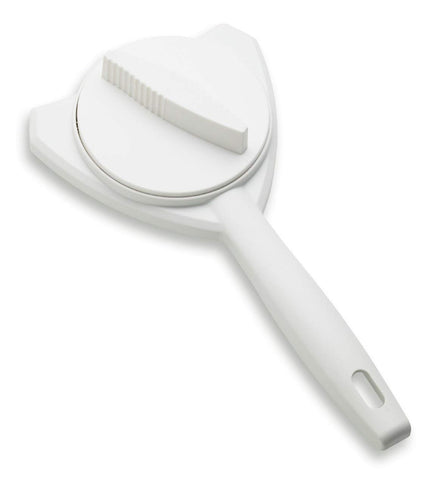 Kuhn Rikon Strain-Free Gripper Opener locks onto jar lids for easier twists.