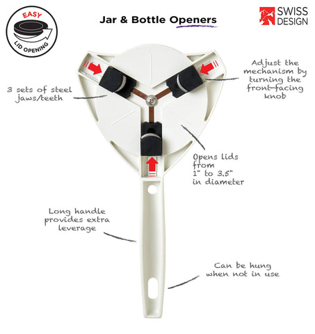Kuhn Rikon Strain-Free Gripper Opener features a long handle for added leverage.