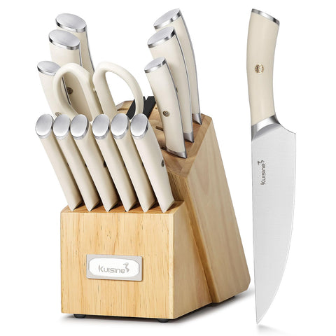 KUISINE 15-piece ivory knife set in block with built-in sharpener for ready blades.