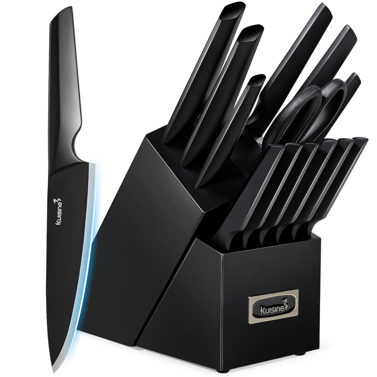 KUISINE knife block with built-in sharpener and one-piece steel design.