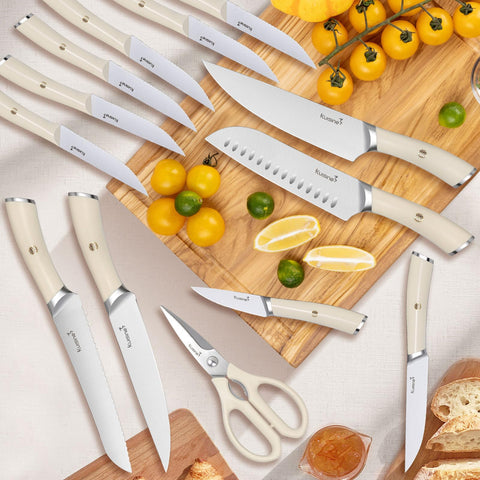 KUISINE wooden block with built-in sharpener and shears keeps blades organized.