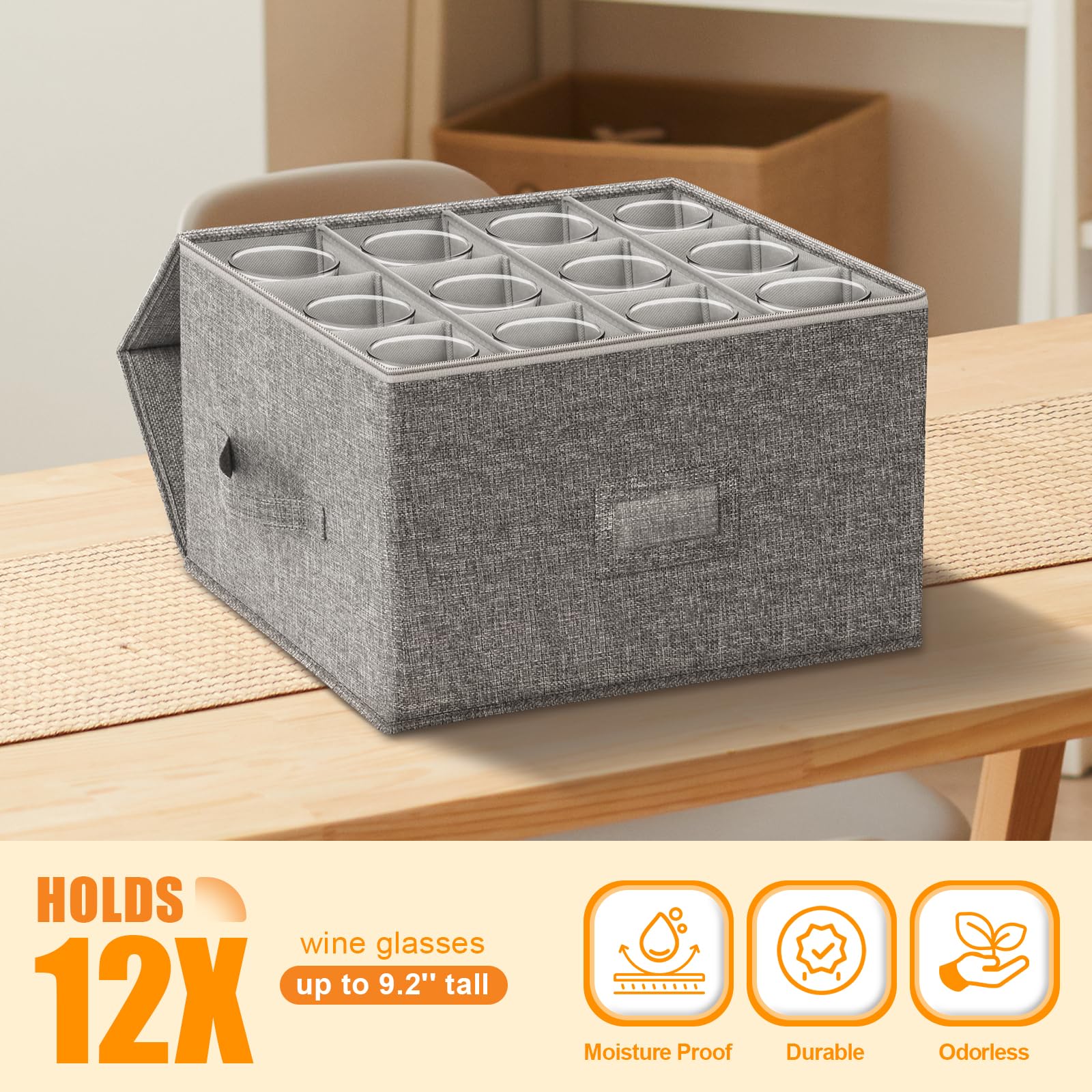 Kukikan wine glass storage box reinforced handles for easy carrying and transport.