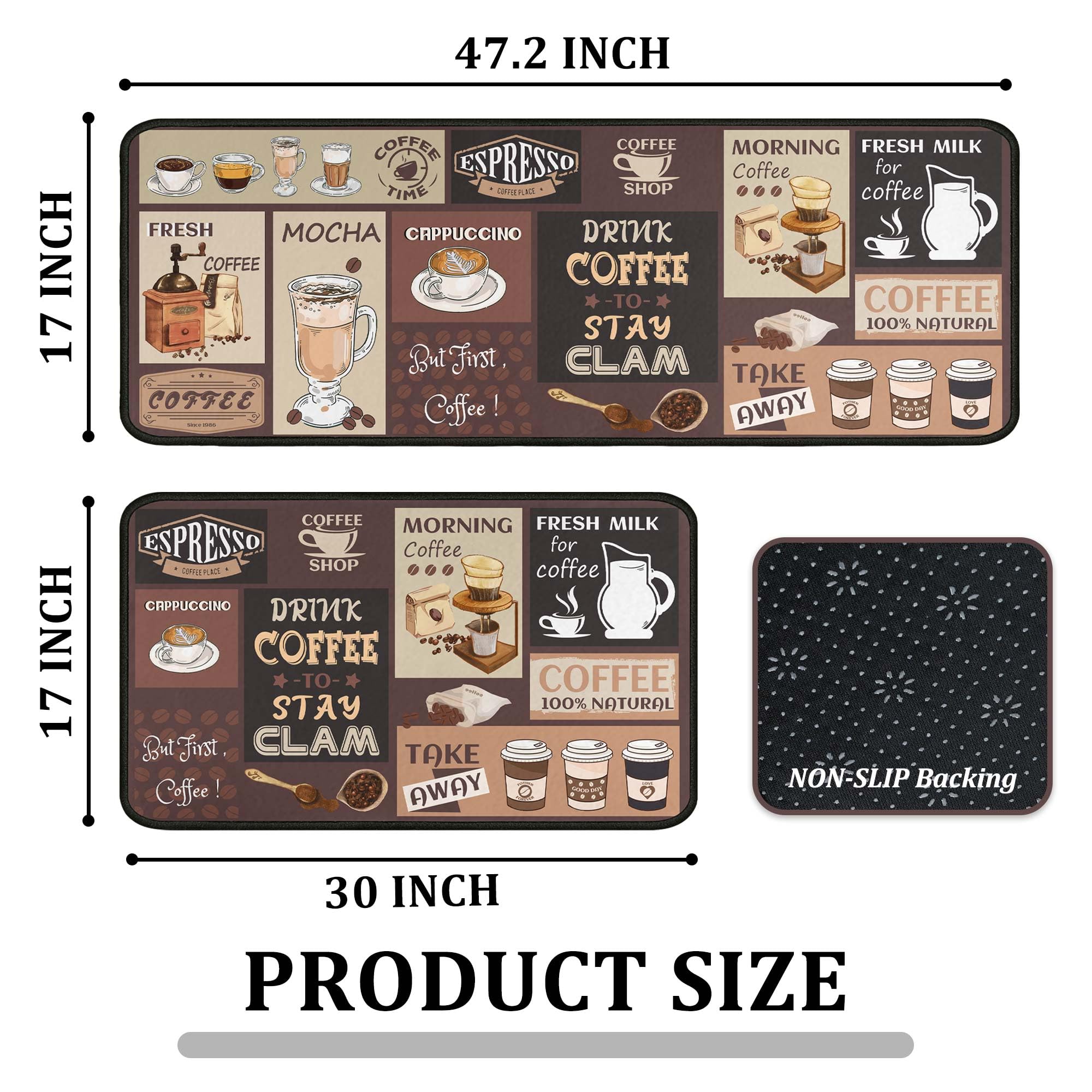 Kukli Coffee Rugs non-slip back keeps mats in place on busy kitchen floors