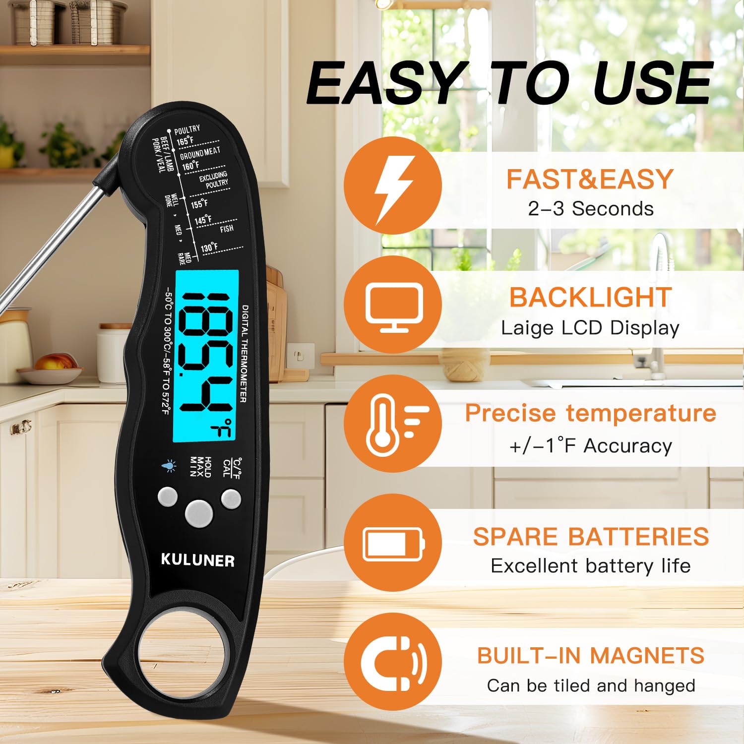 KULUNER TP-01 backlit display for easy reading in dim kitchens