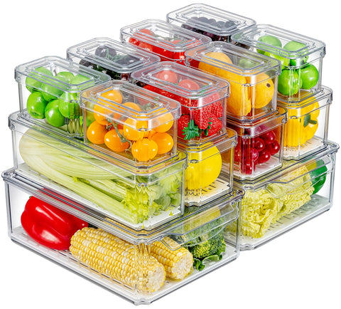KUMD 14-pack clear fridge bins with lids shown for organized storage.