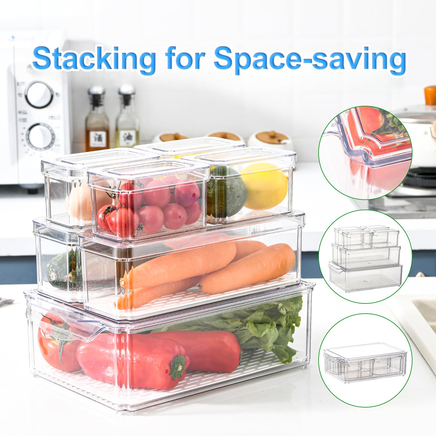 KUMD fridge bin with built-in drain tray for drip-free produce storage.