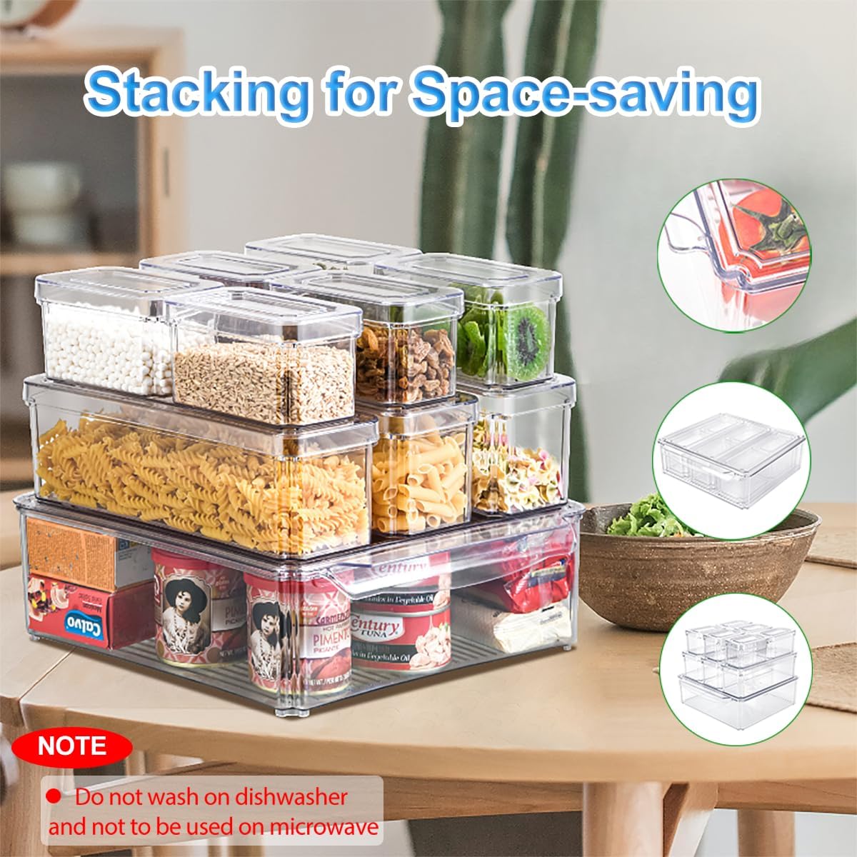 KUMD stackable fridge bin with anti-slip base saves space and prevents sliding.