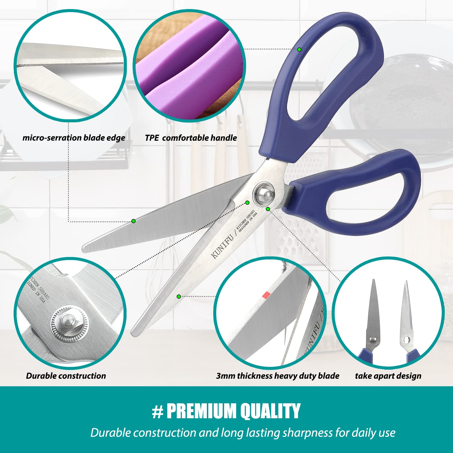 KUNIFU kitchen scissors with ergonomic handles offer a secure, comfortable grip.