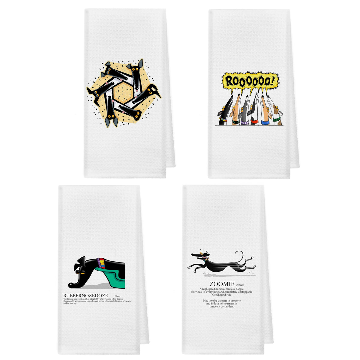kunlisa Funny Greyhound Glossary towels on counter, 4-pack for daily drying tasks