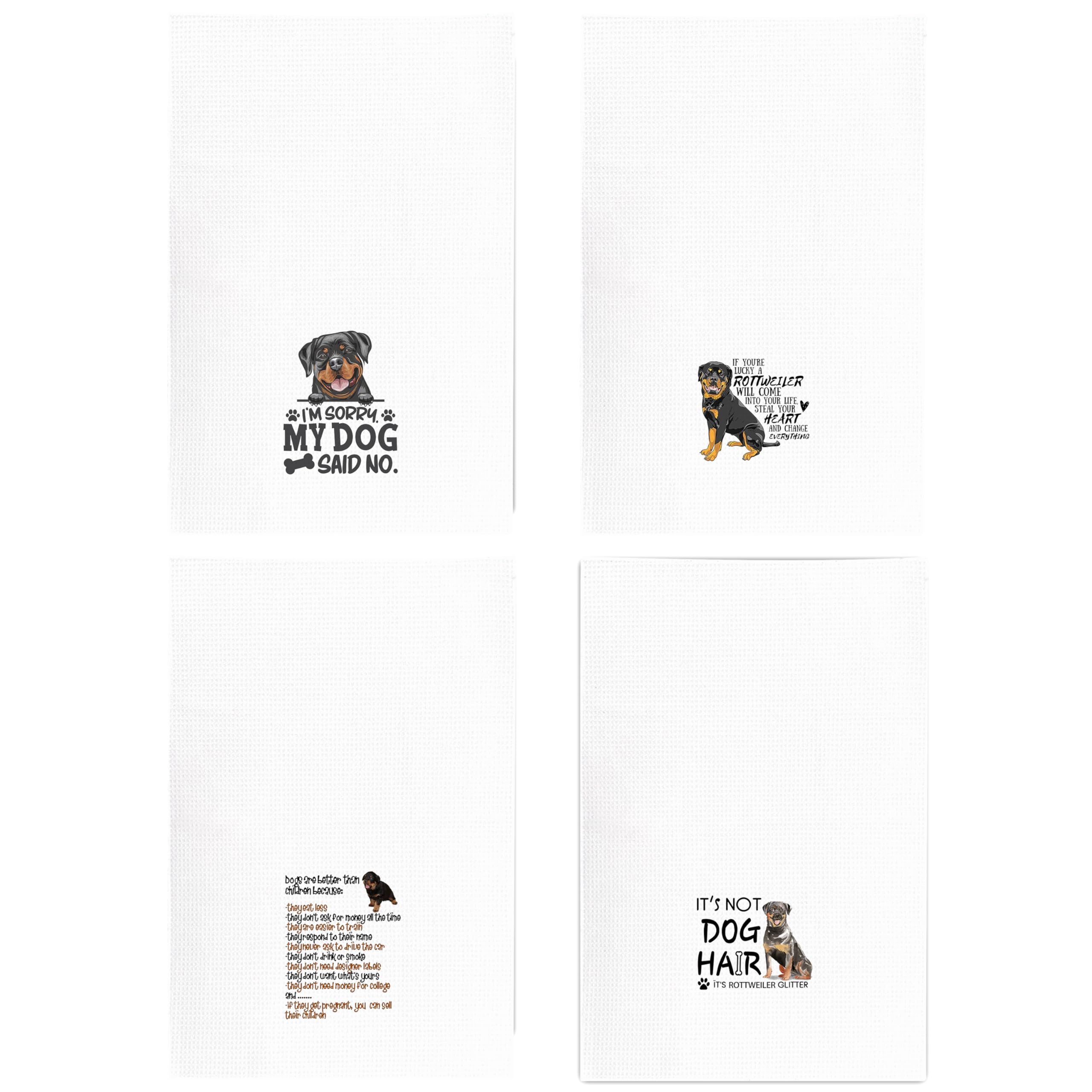 Kunlisa Rottweiler towels add playful decor to kitchen and bathroom spaces.