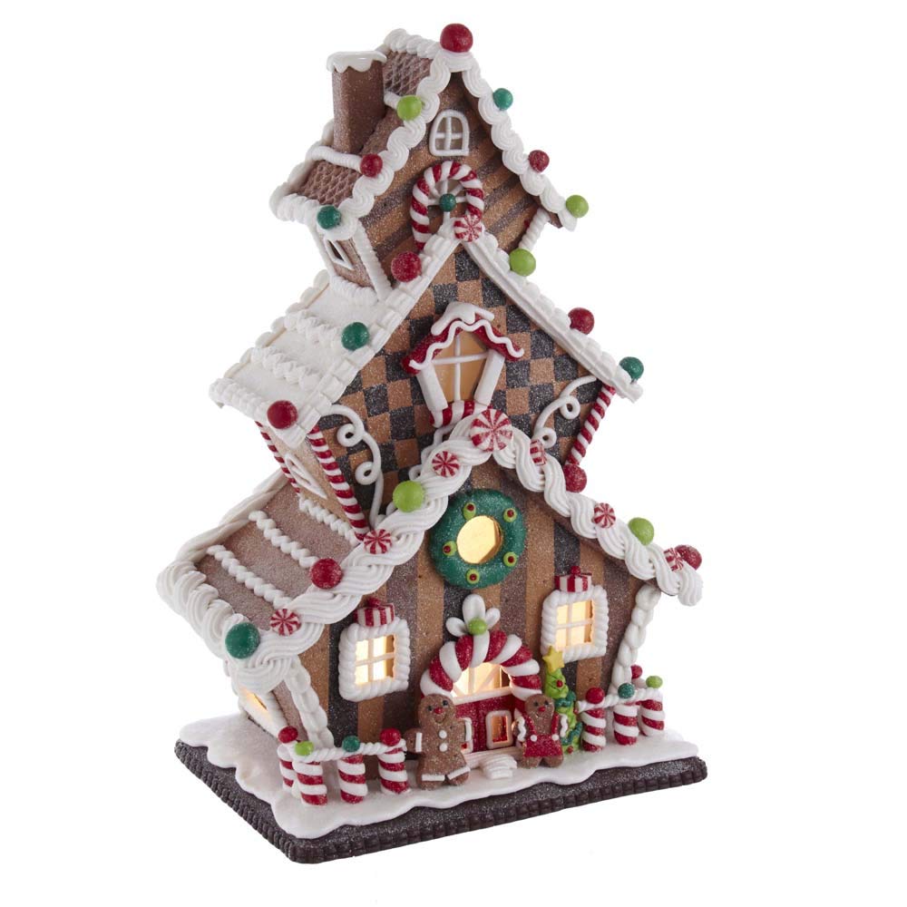 Icing and candy roof accents on Kurt S. Adler gingerbread house.