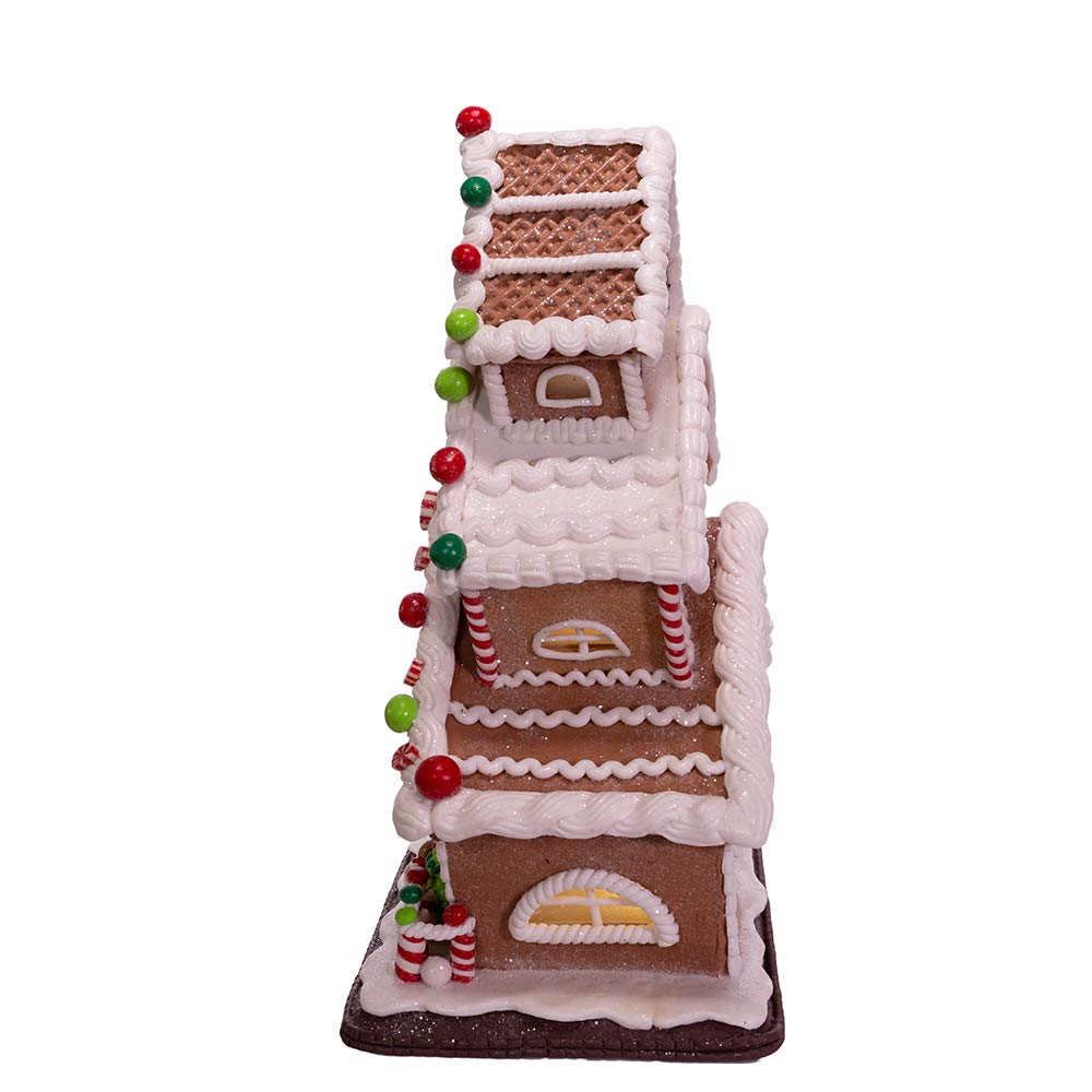 Internal LED glow in Kurt S. Adler gingerbread house for warm ambiance.