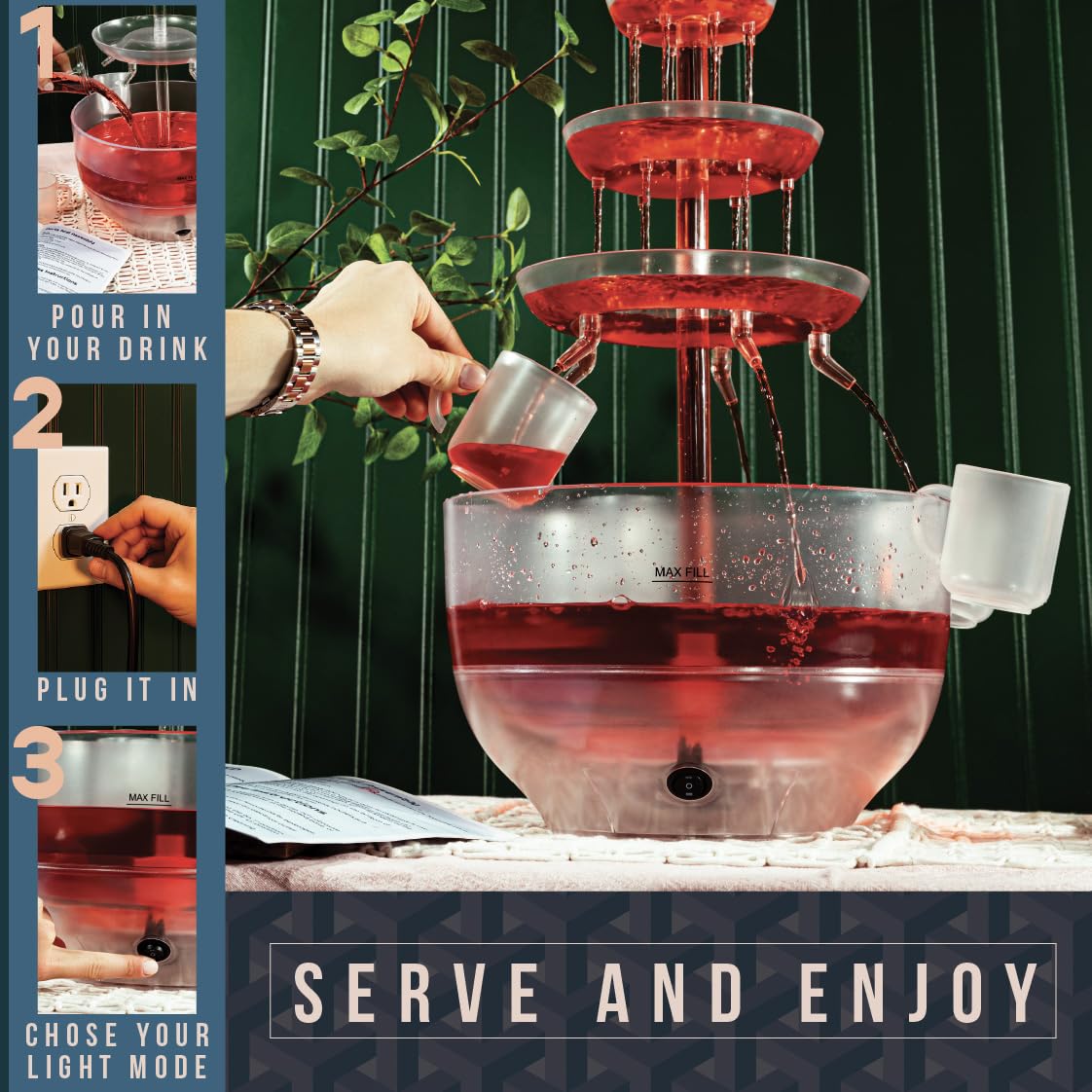 Kusini Drink Fountain includes 6 reusable cups for quick serving and less waste.