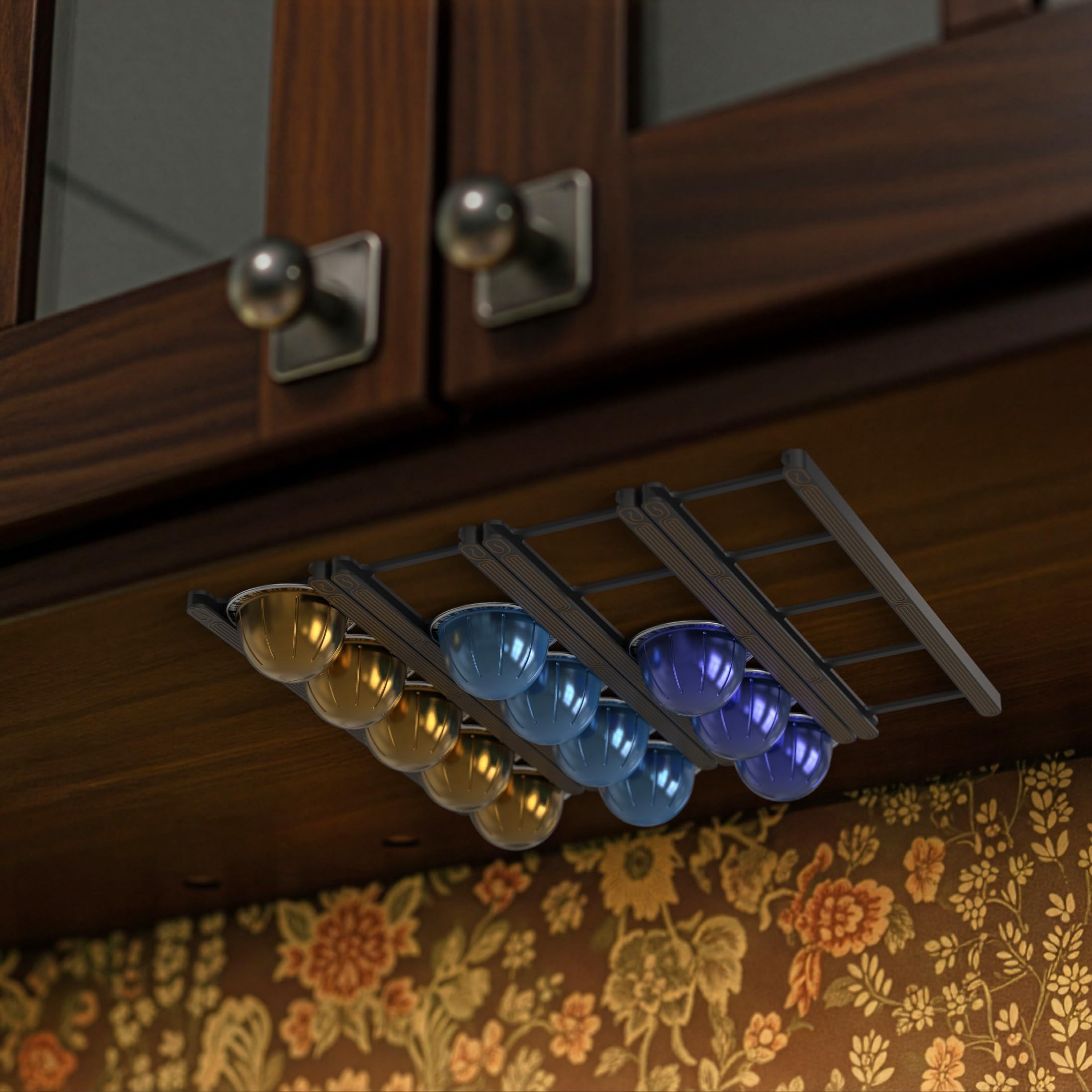 KUSOVILI vertical wall display for VertuoLine pods adds modern coffee station flair.