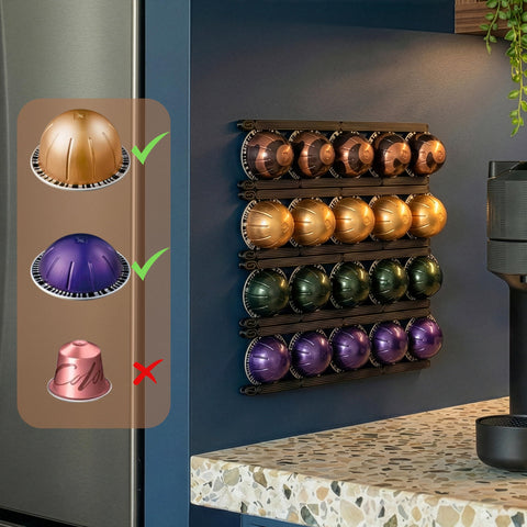 KUSOVILI Vertuo-Line pod rack on wall keeps coffee area organized and accessible.
