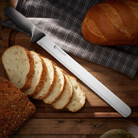 KUTLER bread knife with offset handle for balanced comfort.