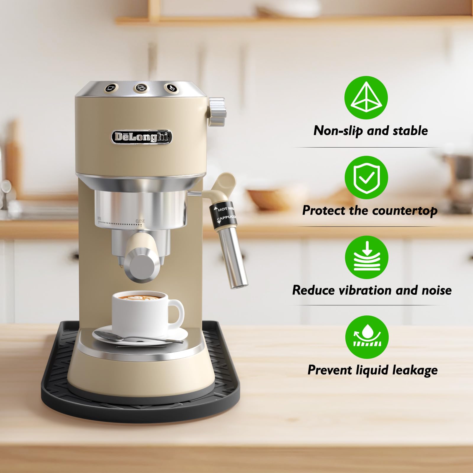 KVRG heat-resistant mat protects countertops against high-temperature espresso machines.