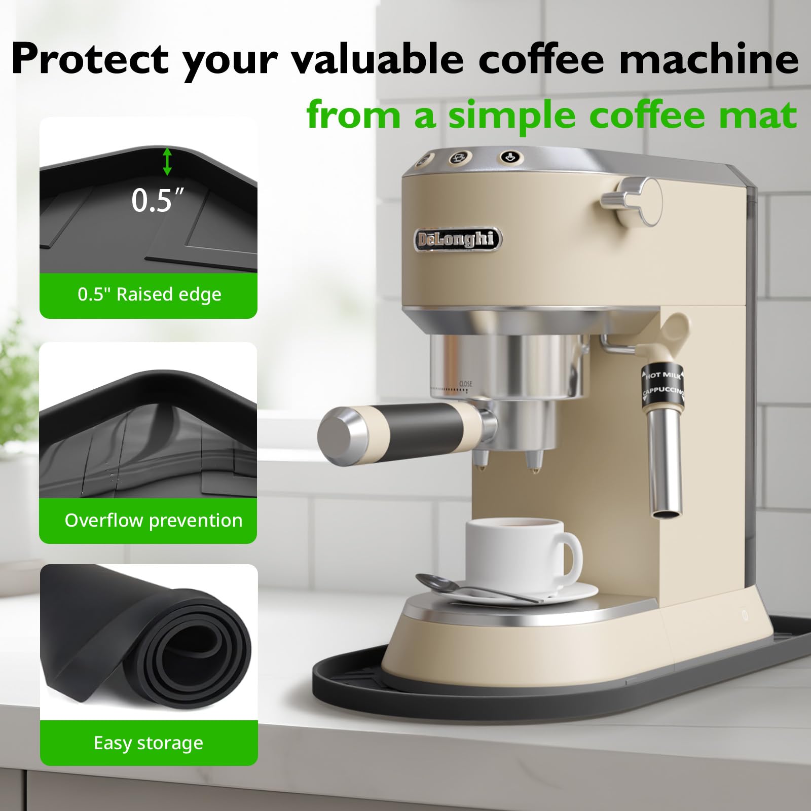 KVRG leak-proof mat catches spills and keeps counters clean.