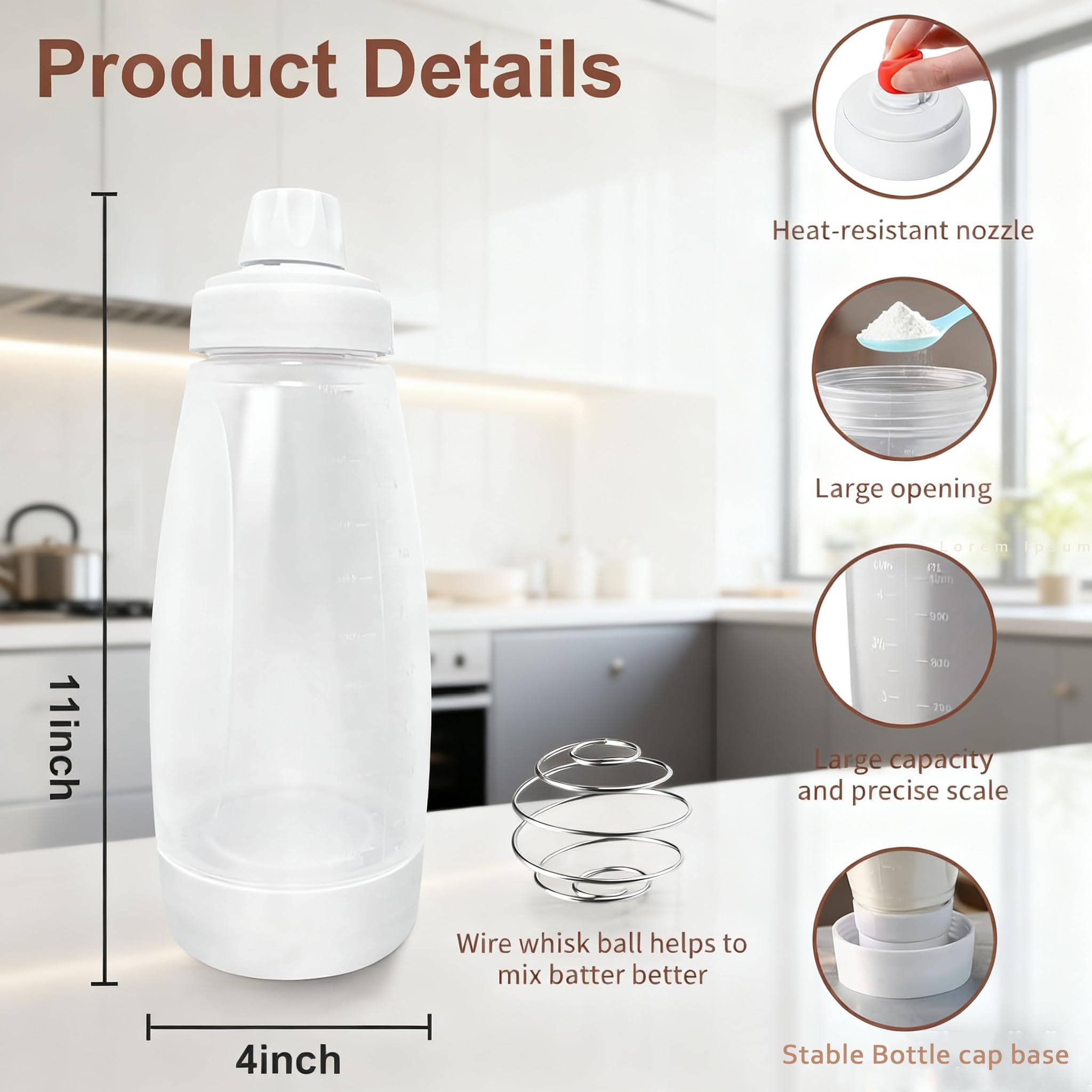 Kvcik batter dispenser with whisk ball for smooth mixing.