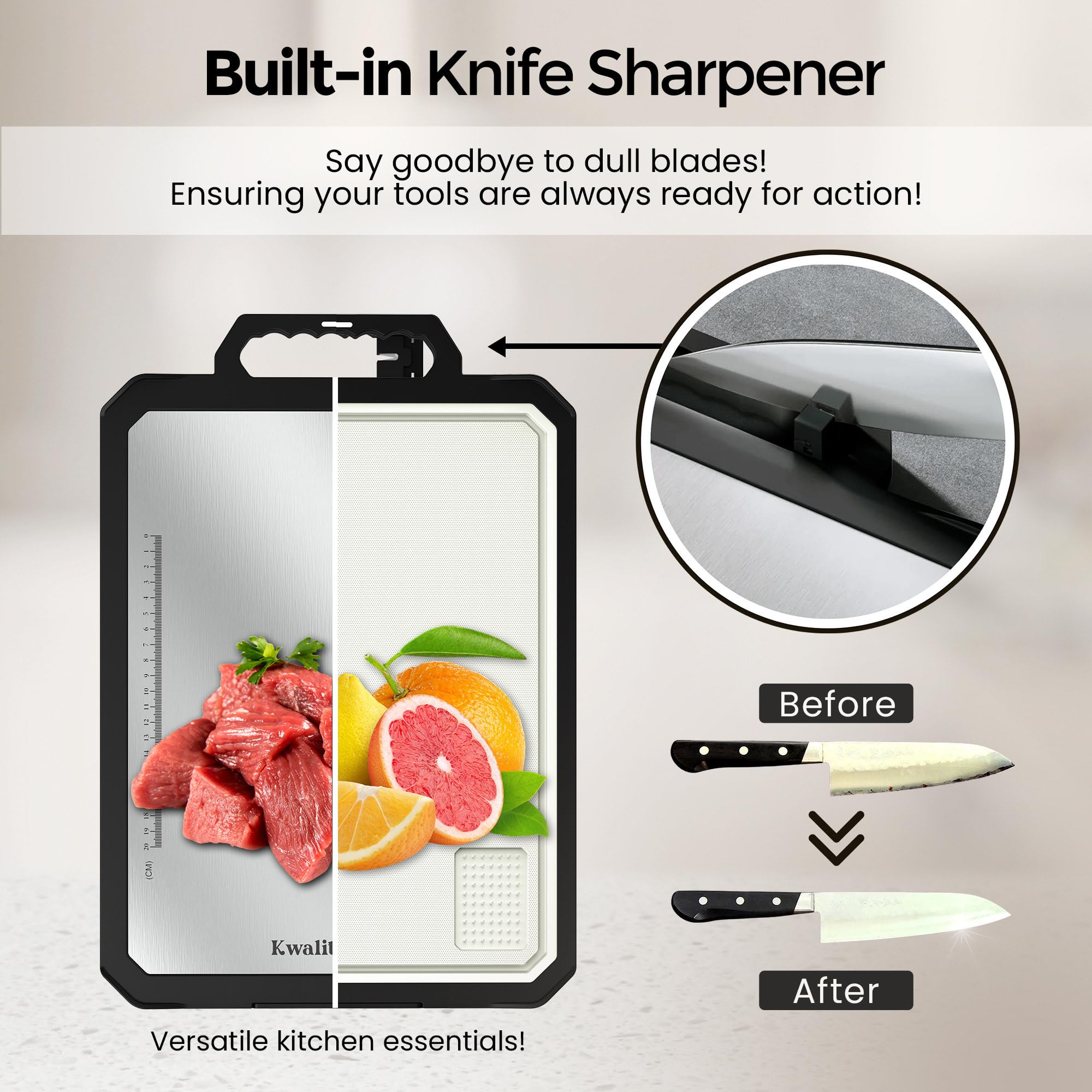 KwalityChop cutting board with built-in knife sharpener for precise chopping.