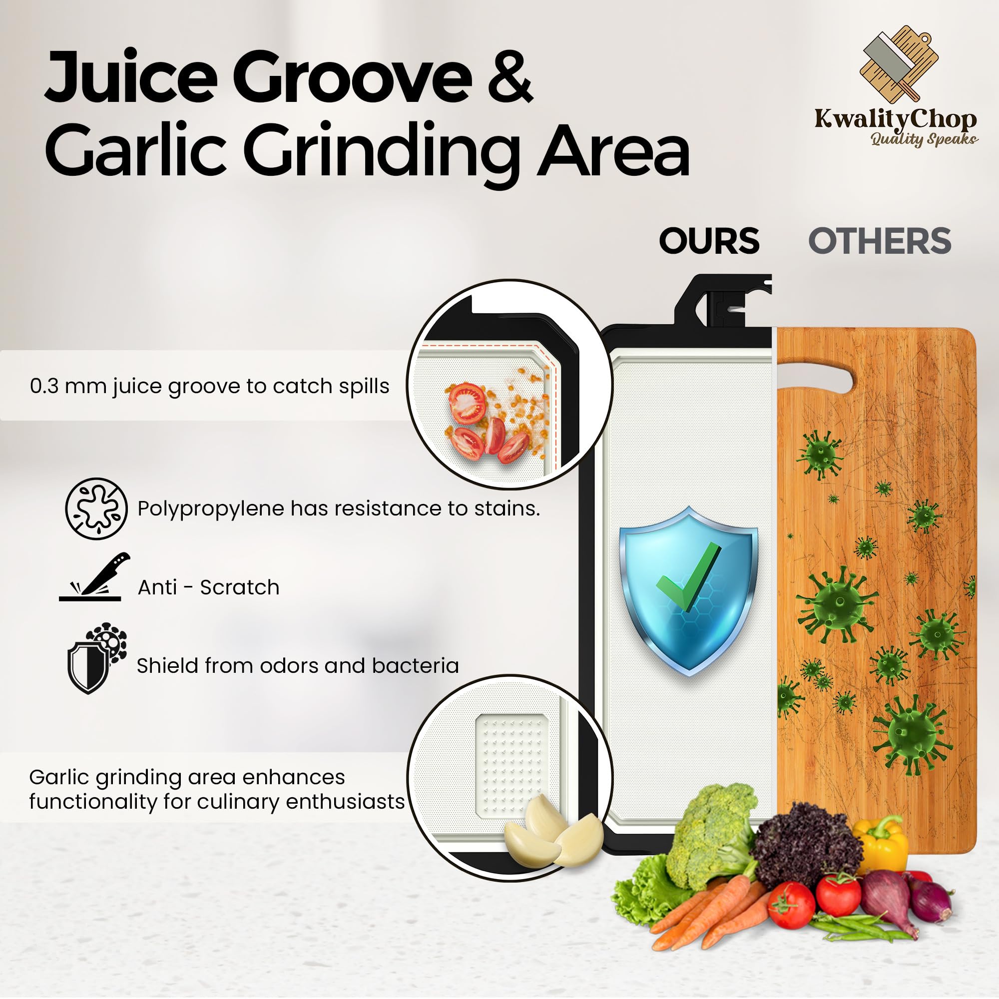 KwalityChop dishwasher-safe cutting board for quick cleanup after meals.