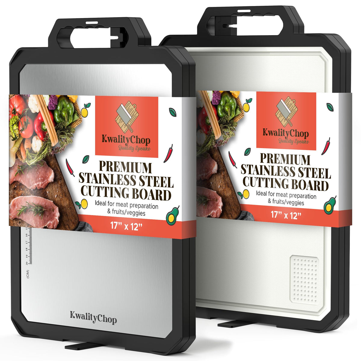 KwalityChop double-sided cutting board with knife sharpener for efficient meat and produce prep.