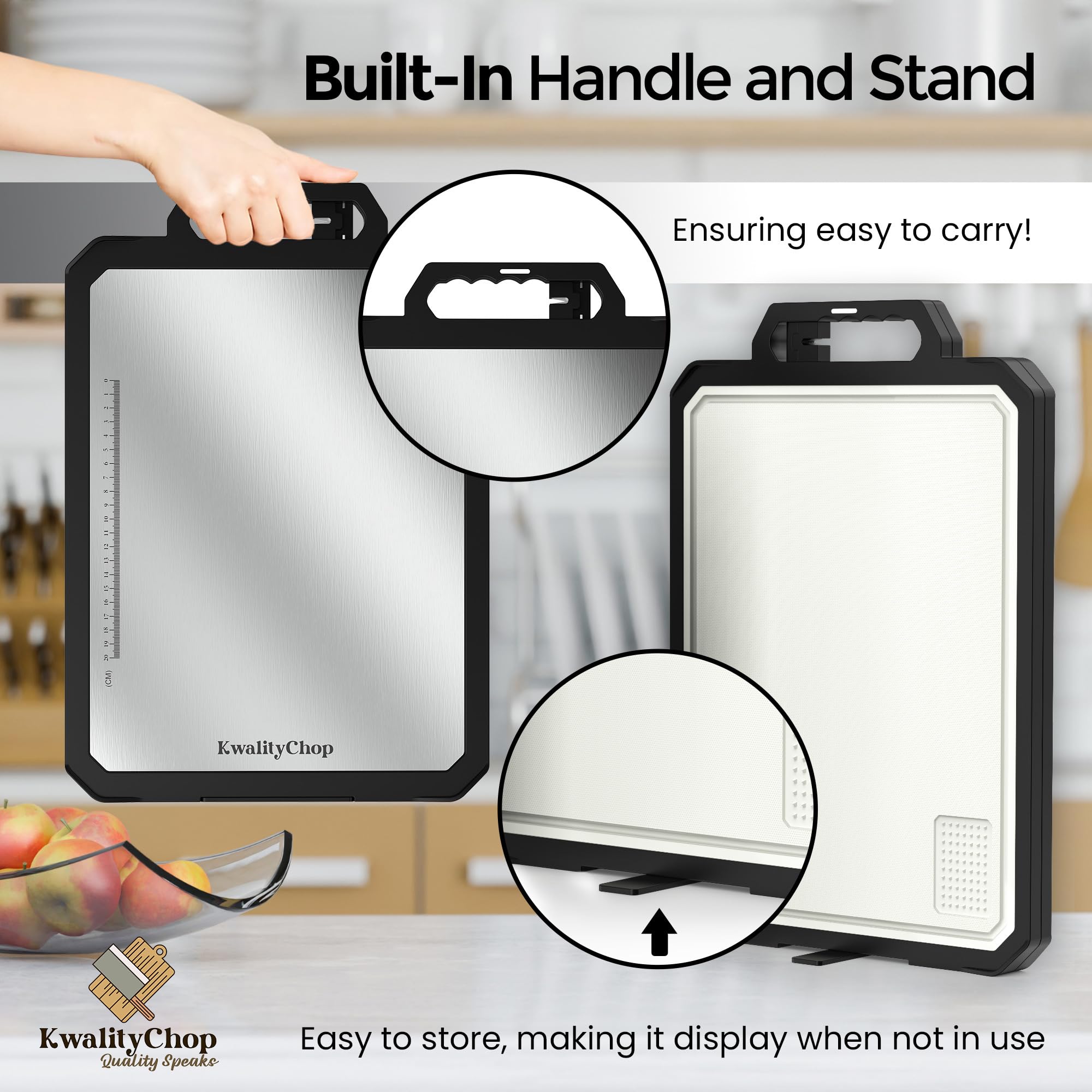 KwalityChop portable cutting board with handle for easy transport and setup.