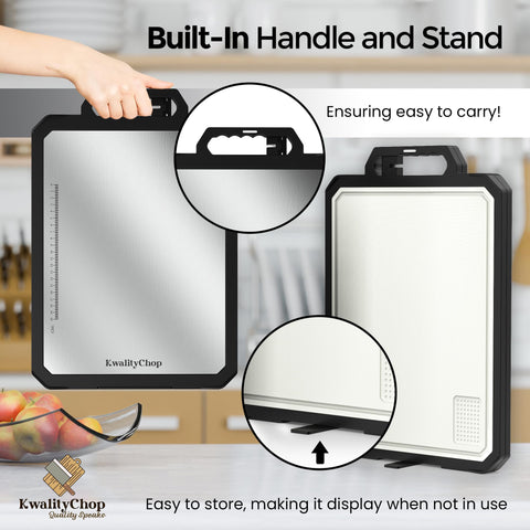 KwalityChop portable cutting board with handle for easy transport and setup.