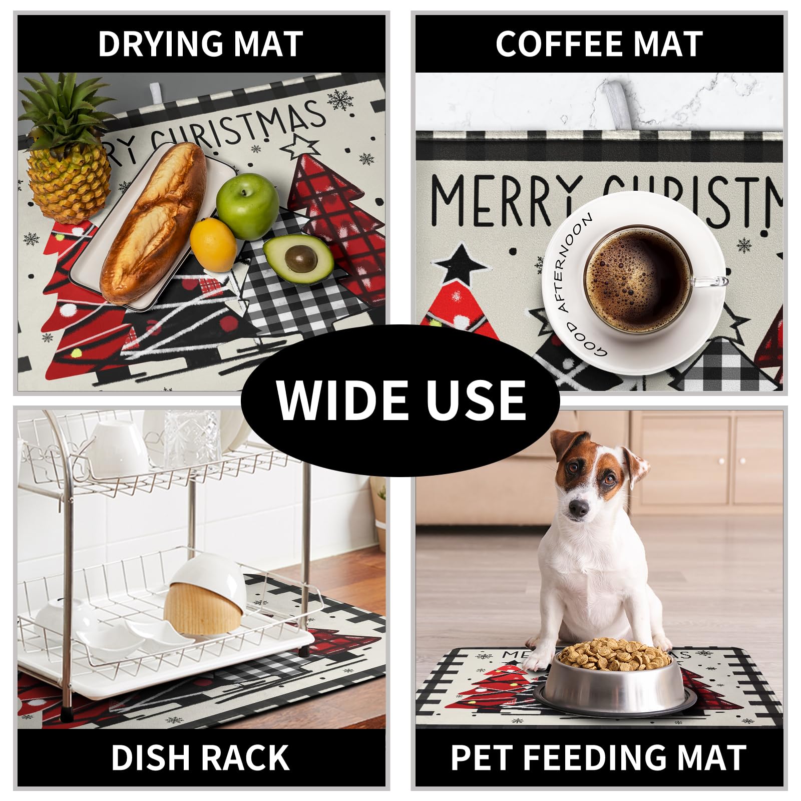 Kwlegh Christmas Trees mat adds festive kitchen decor.