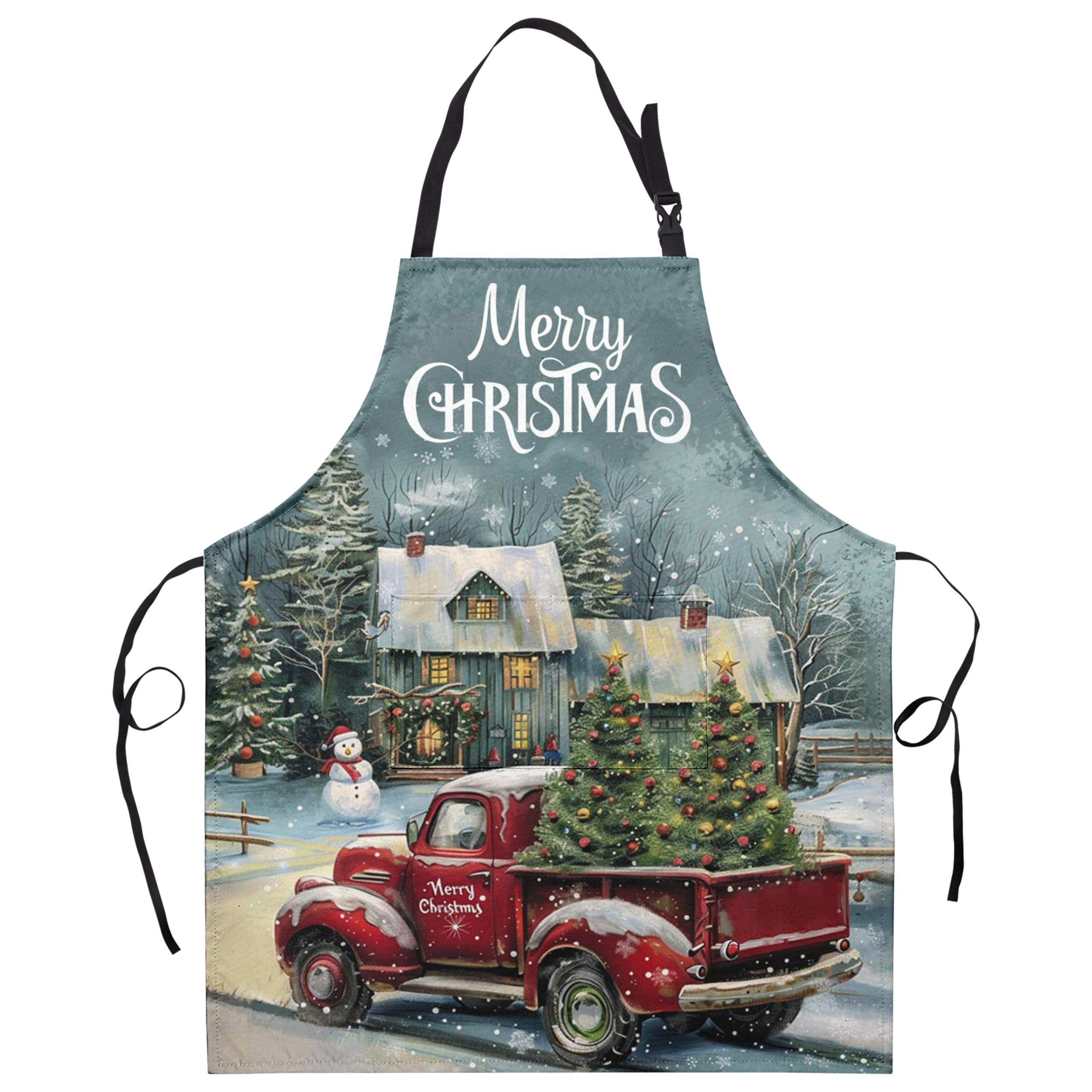 Kwlegh Merry Christmas Apron with vintage red truck and Xmas tree, ideal for festive cooking.