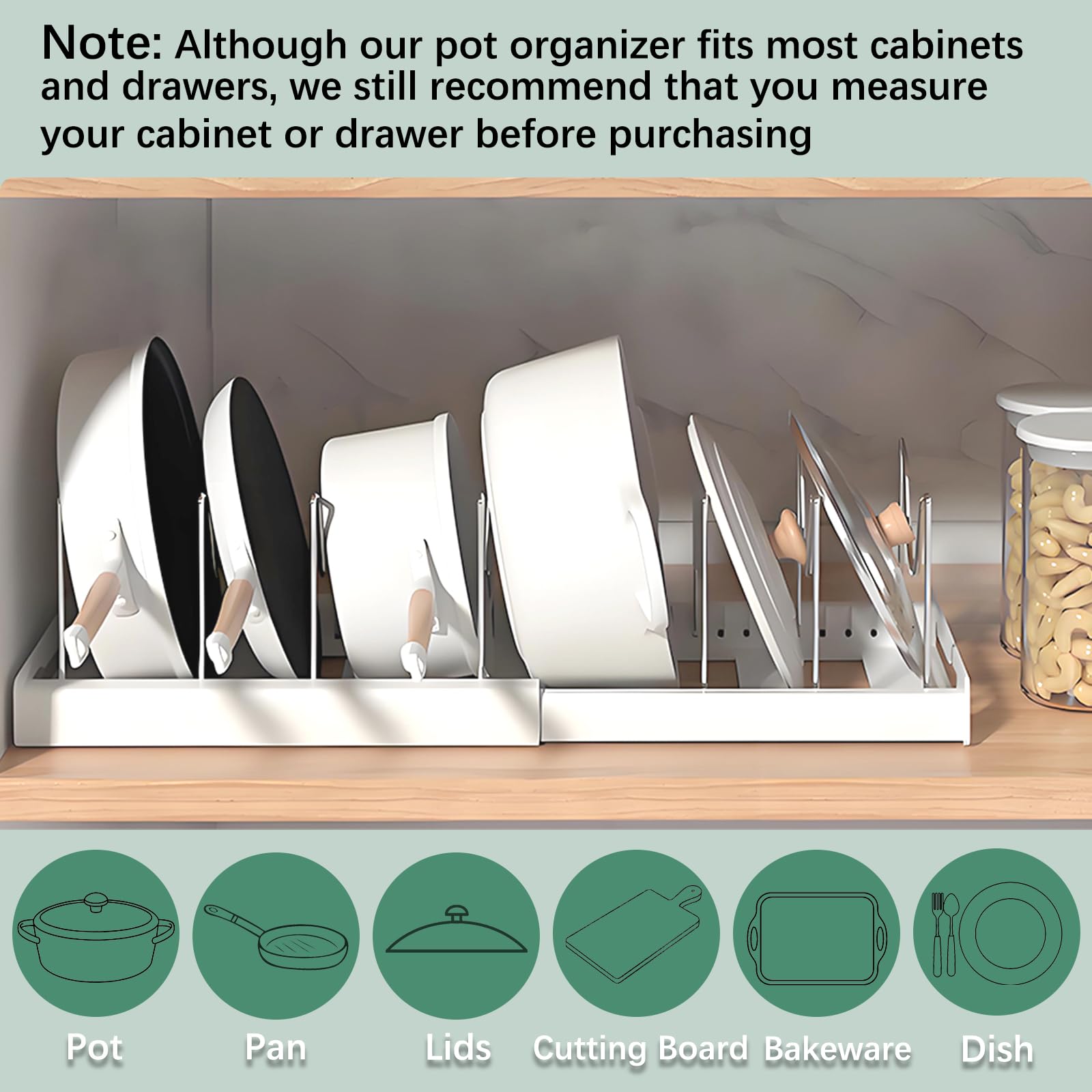 KXSGKRR cabinet organizer extends 12–22 inches for flexible fit.