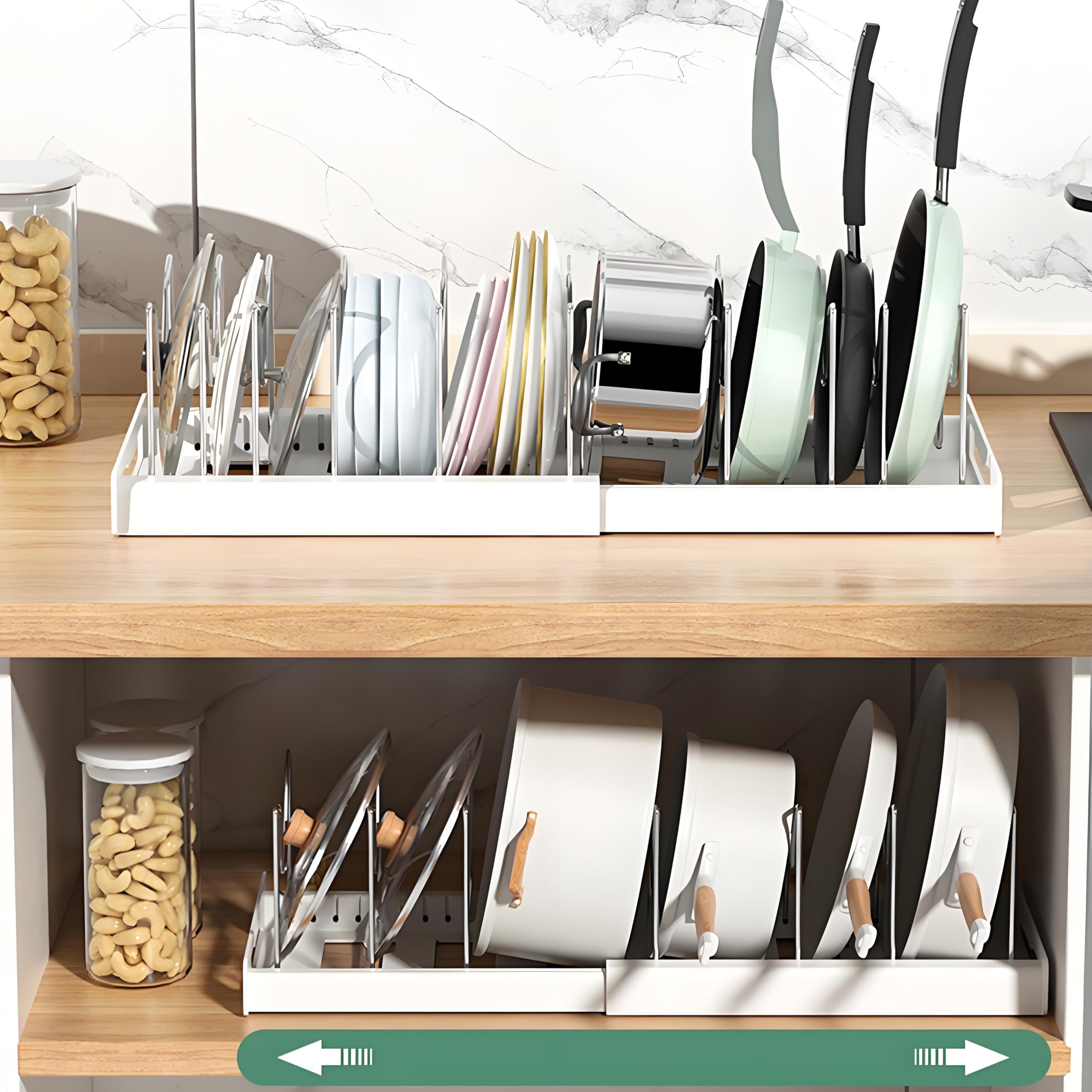 KXSGKRR expandable pots and pans organizer under cabinet keeps lids organized.
