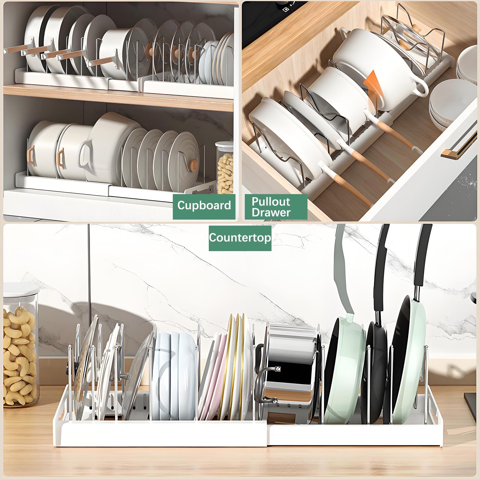 KXSGKRR pot lid holder with 10 adjustable dividers maintains cookware order.