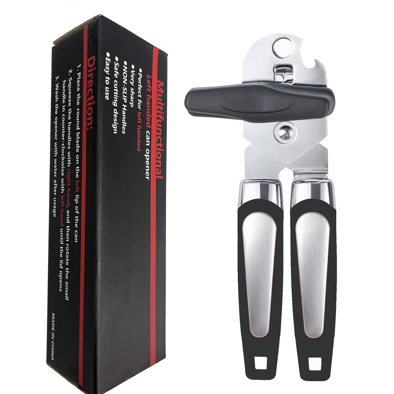 KYDLLF left-handed can opener in black for smooth lid removal.