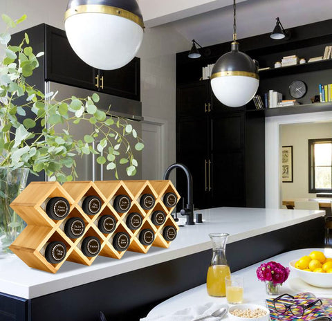 Kylinbigda bamboo criss-cross rack side angle shows space-saving design for countertops.