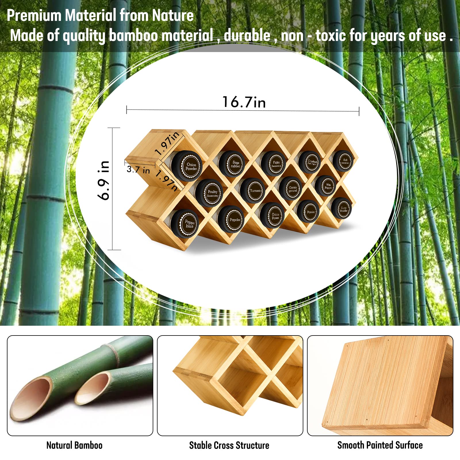 Kylinbigda bamboo spice rack texture close-up highlights natural finish.