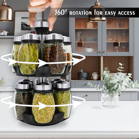 Kylinbigda rotating spice holder top view shows easy-grip jars
