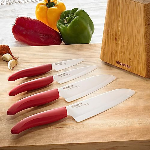 KYOCERA ceramic blades close-up showing sharp, non-reactive performance.