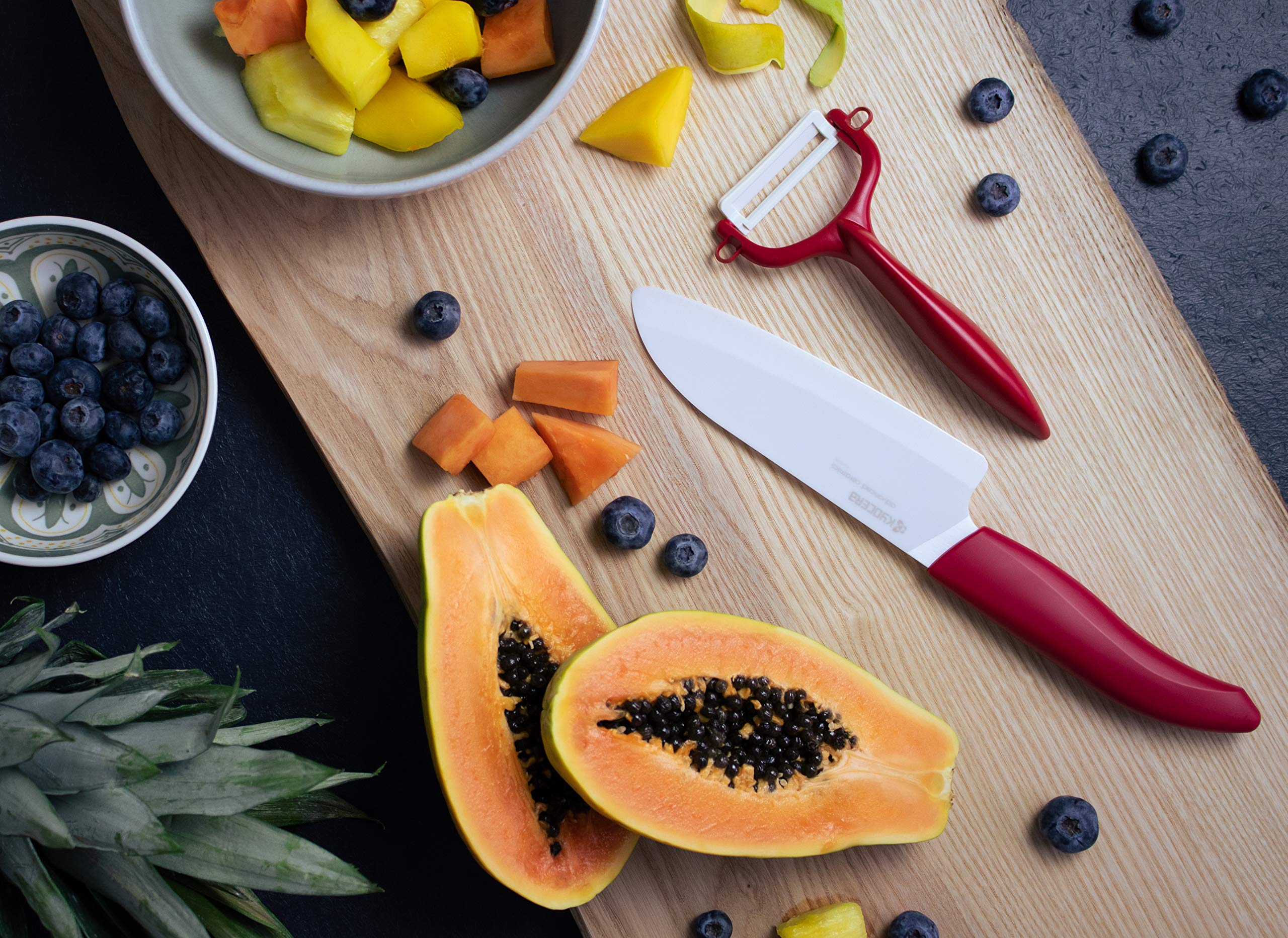 Kyocera ceramic blade offers razor-sharp performance for clean fruit and vegetable cuts.