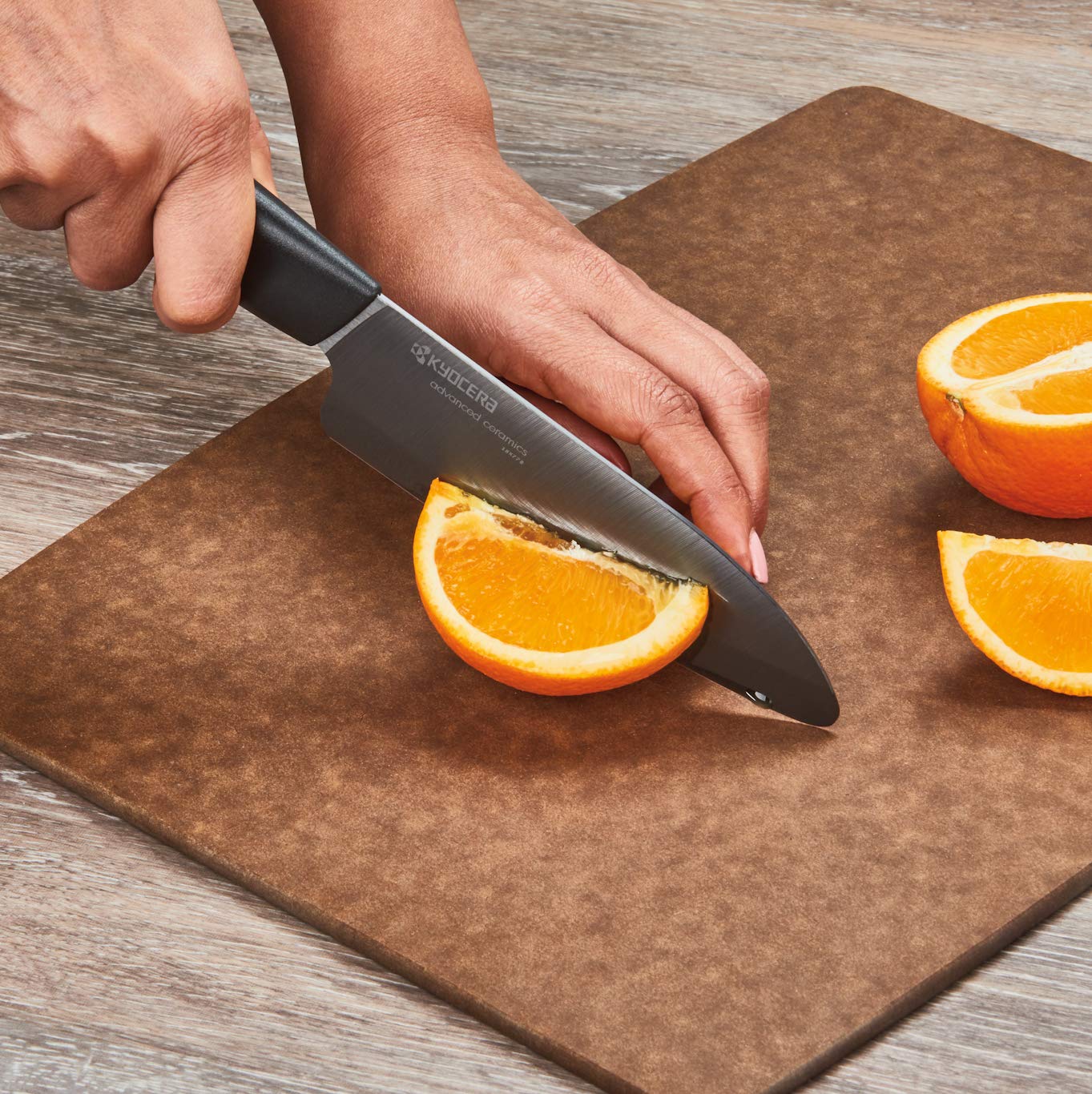 Ergonomic handle on the Kyocera Revolution Santoku for comfortable control