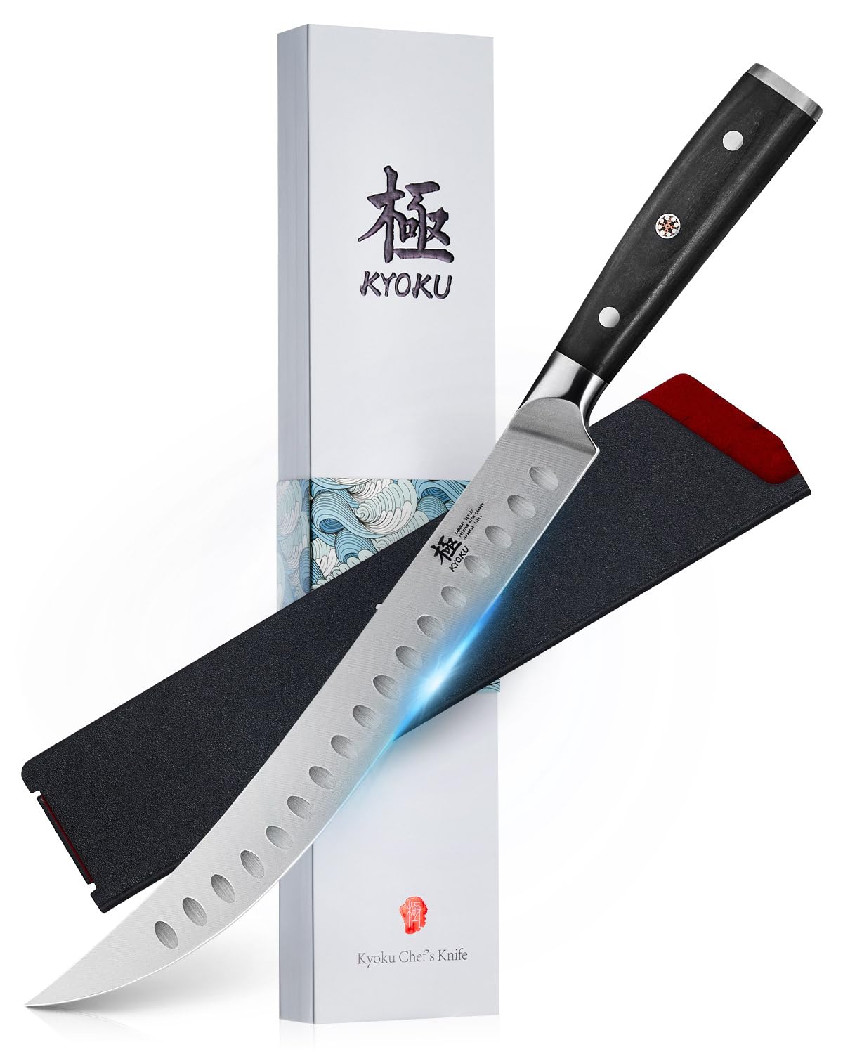 KYOKU 10-Inch Scimitar blade close-up showing a razor edge for precise slicing.