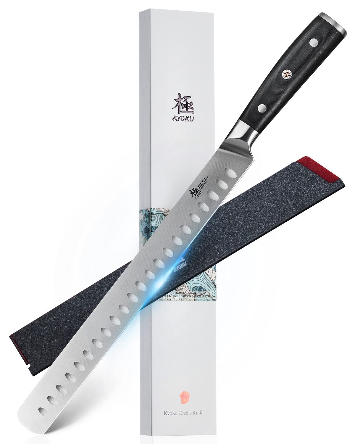 KYOKU 12-inch slicing knife blade close-up for precise carving