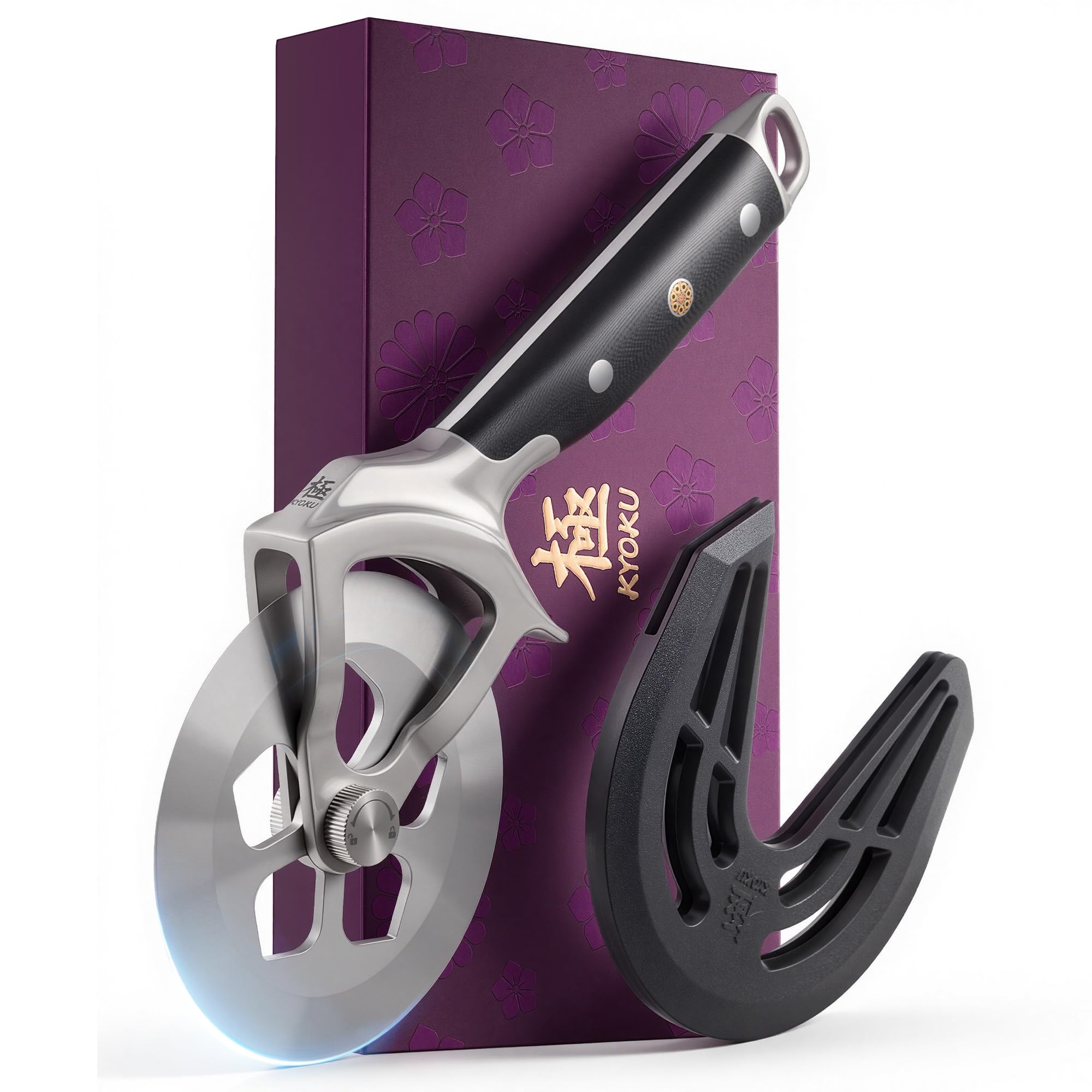 Kyoku 4in pizza cutter with sakura cutout for precise topping control