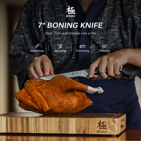 KYOKU boning knife with Damascus core delivers sharp edge and durability for filleting.
