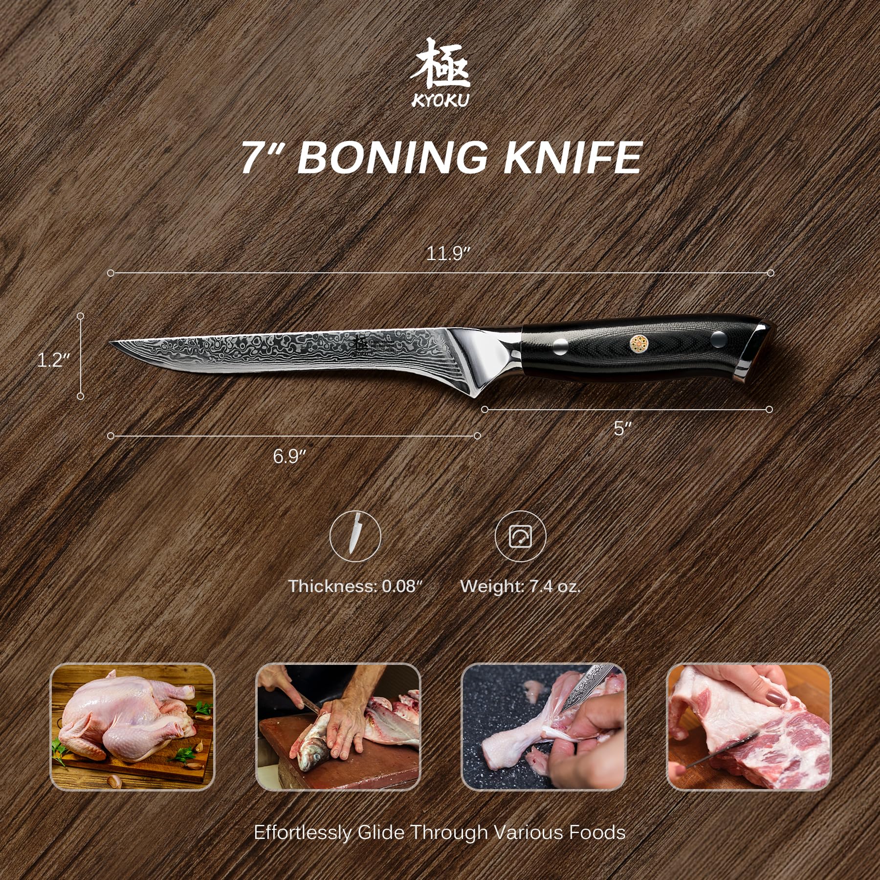 KYOKU boning knife honed edge provides razor-like performance for precise trimming.